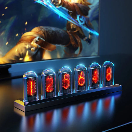 RGB Nixie Tube Clock with LED glow and IPS color screen on gaming desktop.