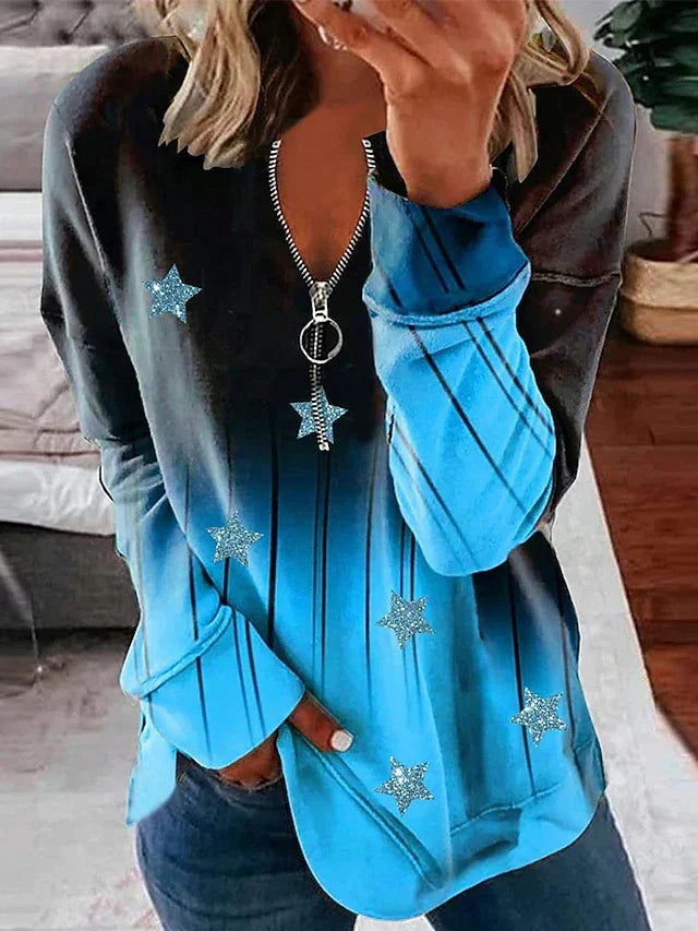 Women's casual zip-up sweatshirt with geometric star print and blue gradient design.