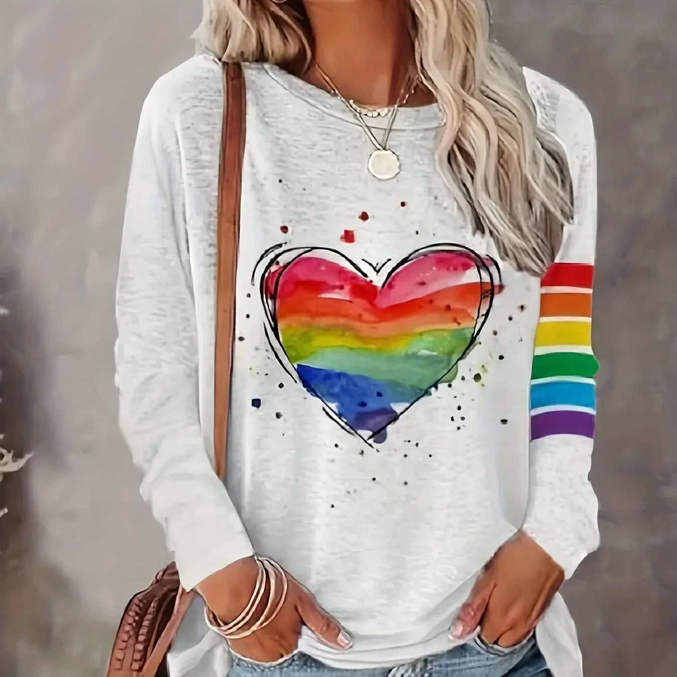 Rainbow Print, Casual Long Sleeve Crew Neck T-shirt For Spring & Summer, Women's Clothing