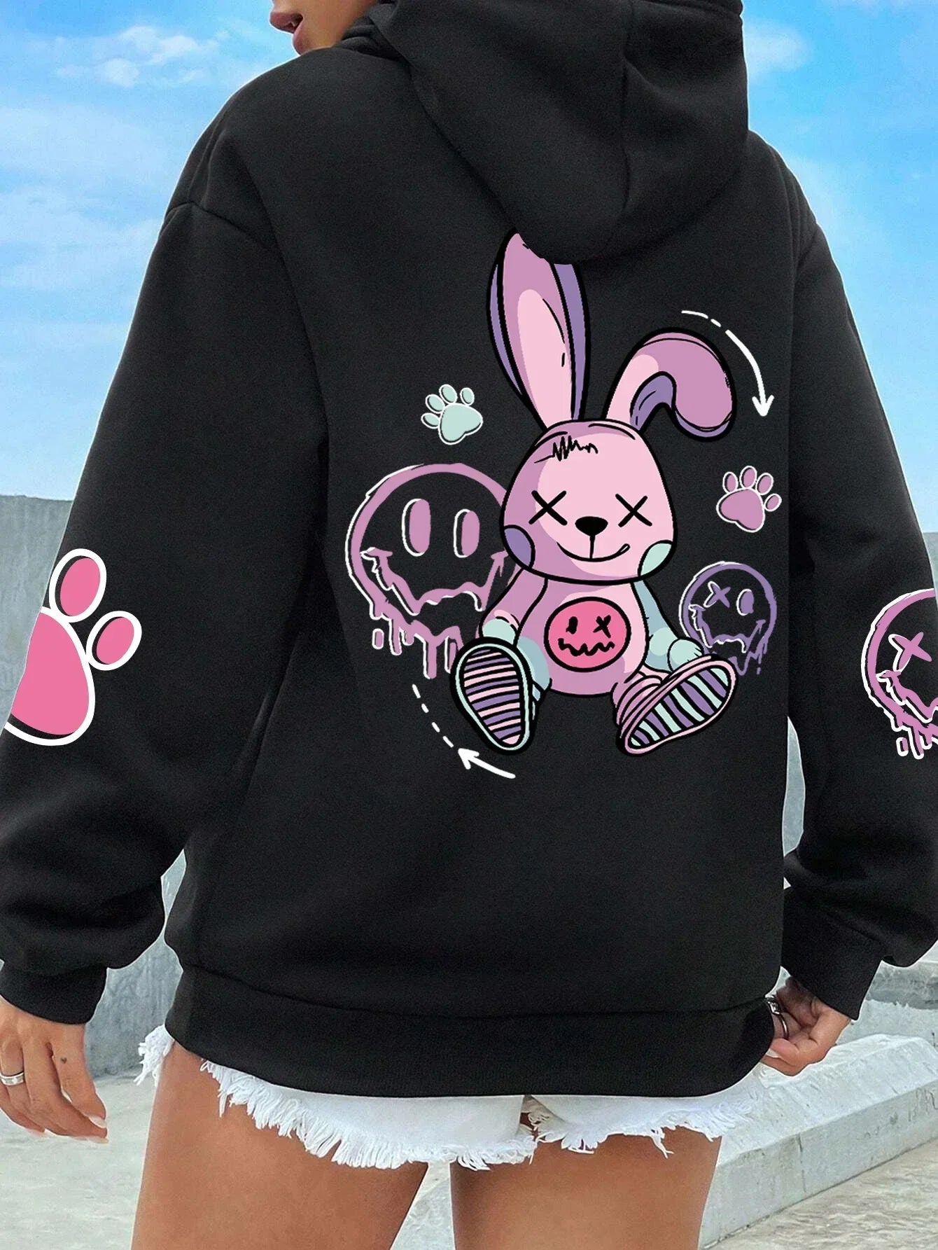 Casual Women Hoodies Good Cartoons Pink Rabbit Cute Printing Pullovers 