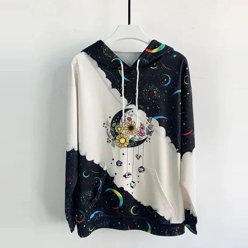 Moon Print Drawstring Hoodie Casual Long Sleeve Hooded Sweatshirt Women's Clothing