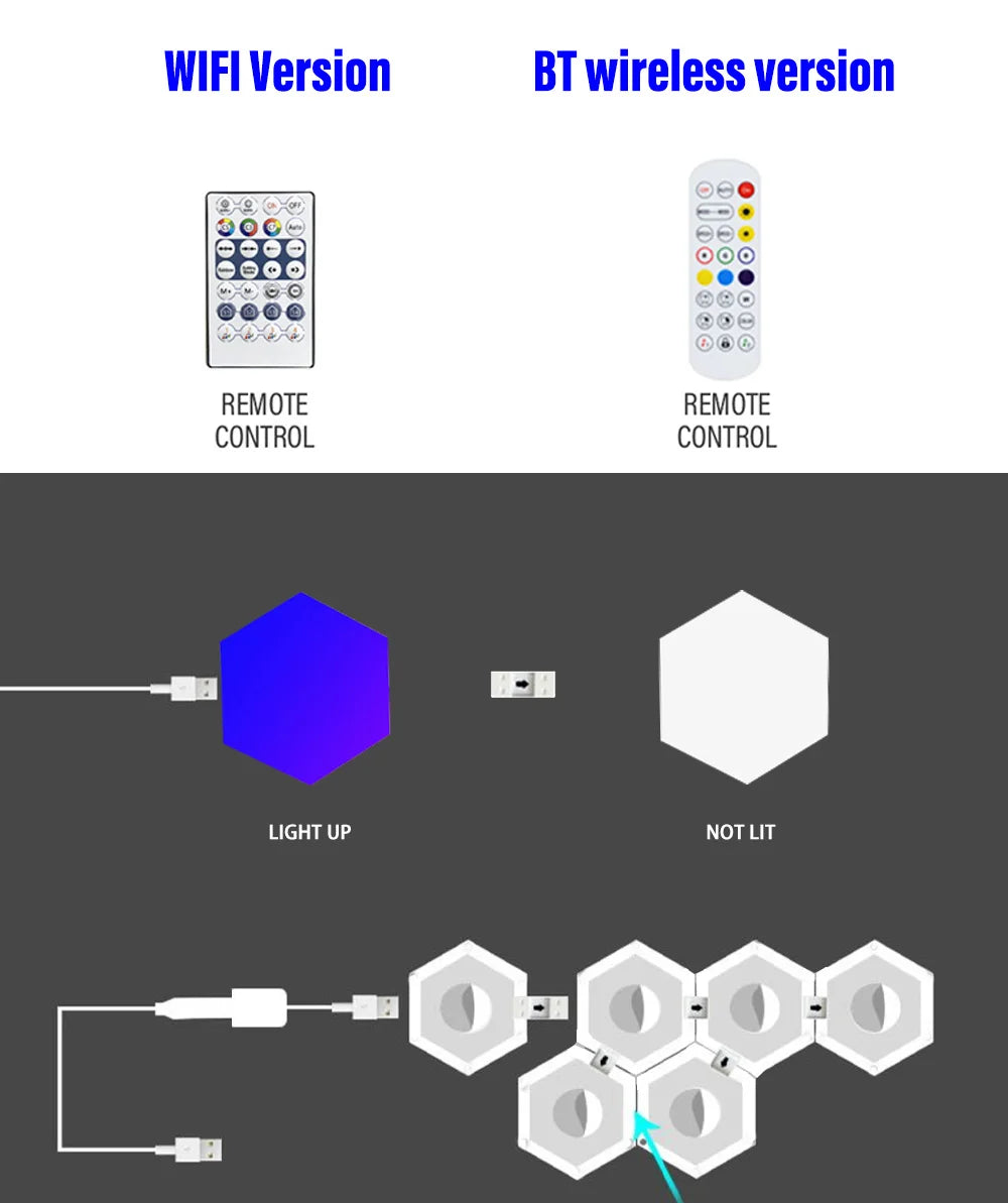 Intelligente sechseckige RGB-Wandlampe, Farbwechsel-Umgebungsnachtlicht, DYI-Form, Musikrhythmus, APP-Steuerung für Spielzimmer, Schlafzimmer