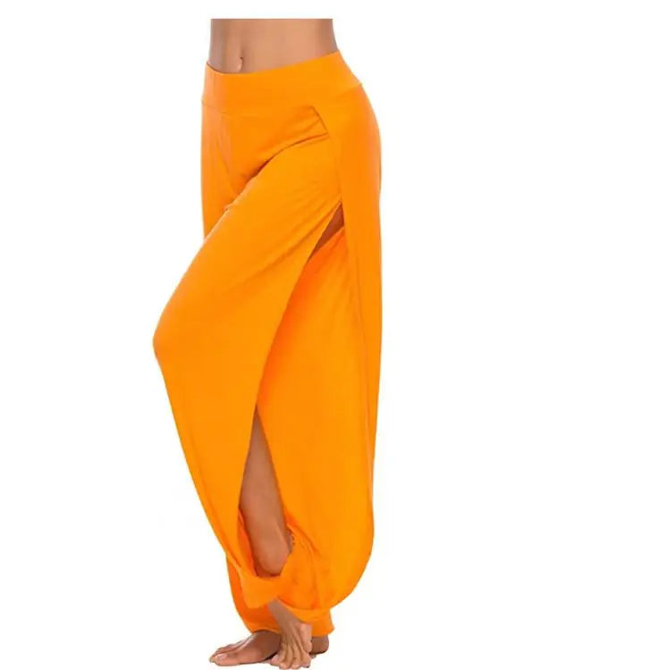 Damenbekleidung Yoga Hohe elastische Taille Schlitz Weites Bein Harenhose Gym Leggings Lässige feste lockere Hose Home Sommertrend