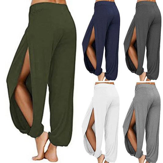 Women’s high-waisted yoga pants with side slits and wide legs, suitable for casual summer wear.