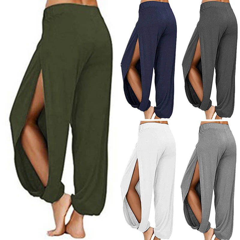 Damenbekleidung Yoga Hohe elastische Taille Schlitz Weites Bein Harenhose Gym Leggings Lässige feste lockere Hose Home Sommertrend