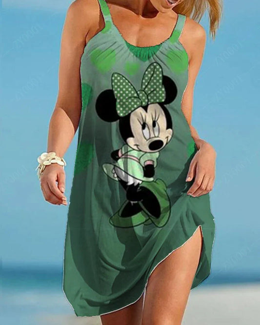 Casual beach dress featuring Minnie Mouse print, knee-length, sleeveless, ideal for summer.