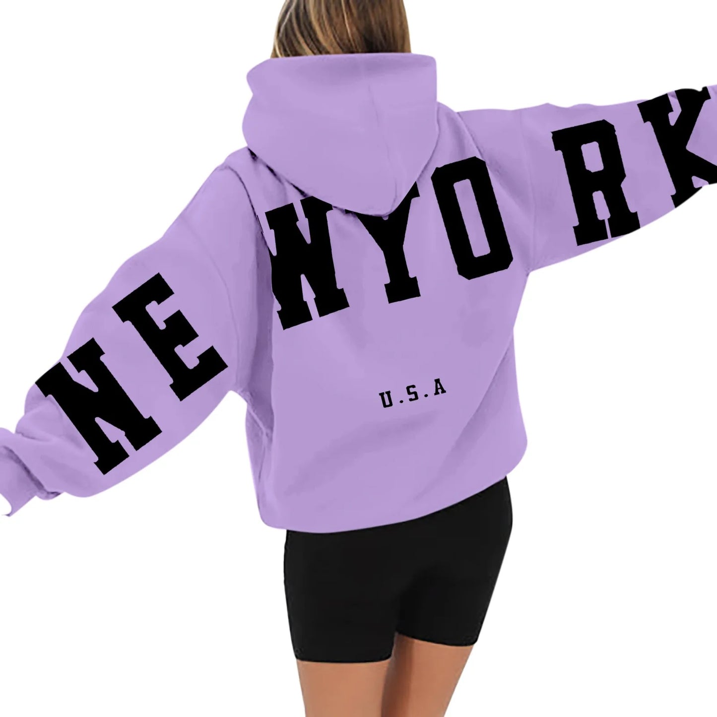 Kapuzenpullover mit langen Ärmeln und Reißverschluss auf der Rückseite für Damen, mit New York USA-Aufdruck, Kapuzenpulloverkleid, lange Kapuzenpullover für Damen, Sweatshirts, Übergröße