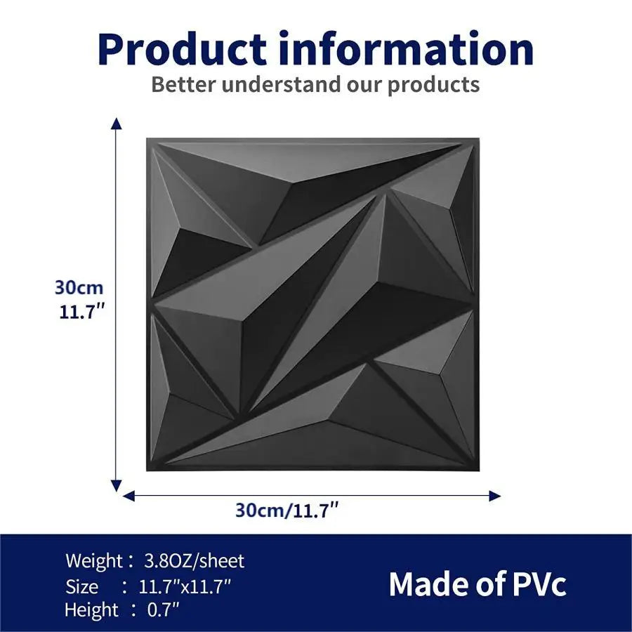 12 pannelli murali 3D per la decorazione di pareti interne, motivo in PVC per soggiorno, corridoio, camera da letto, hotel, ufficio, nero, 30,48 cm x 30,48 cm