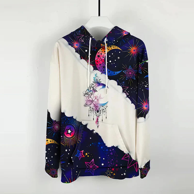 Moon Print Drawstring Hoodie Casual Long Sleeve Hooded Sweatshirt Women's Clothing