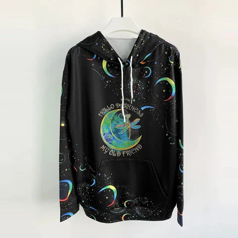 Moon Print Drawstring Hoodie Casual Long Sleeve Hooded Sweatshirt Women's Clothing