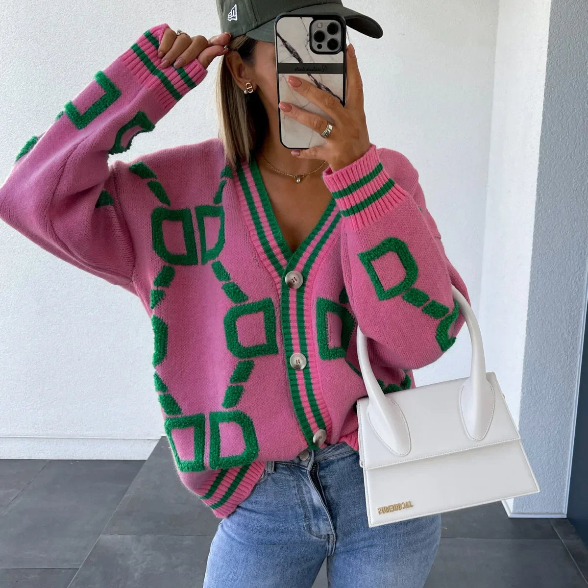 OMCHION Invierno Mujer 2024 Winter Clothing V Neck Korean Sweater Coat Women Casual Thick Flocking Letter Knitted Pullover