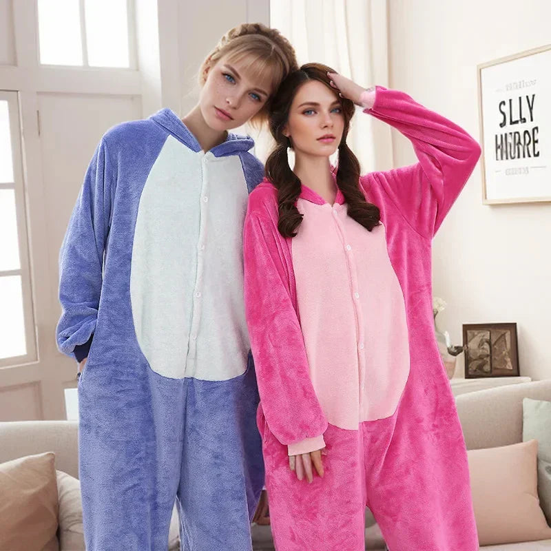 Blue and pink flannel cartoon one-piece pajamas for men and women, featuring animal design for cosplay and home wear.