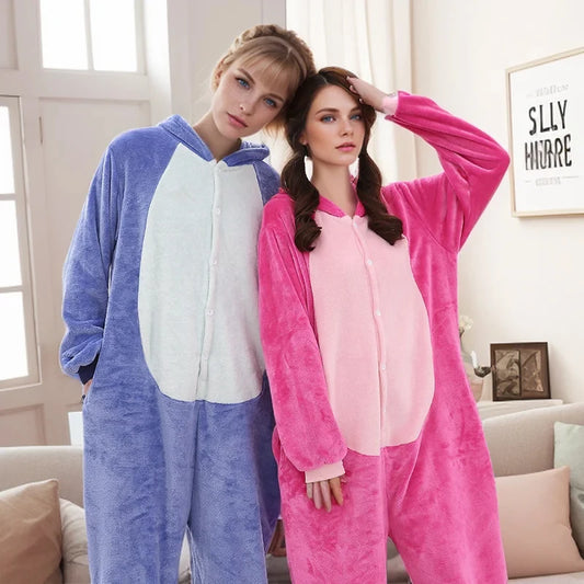 Nuovo pigiama intero da cartone animato per uomo e donna, in flanella blu e rosa, pigiama intero da animale, abbigliamento cosplay, abbigliamento per la casa