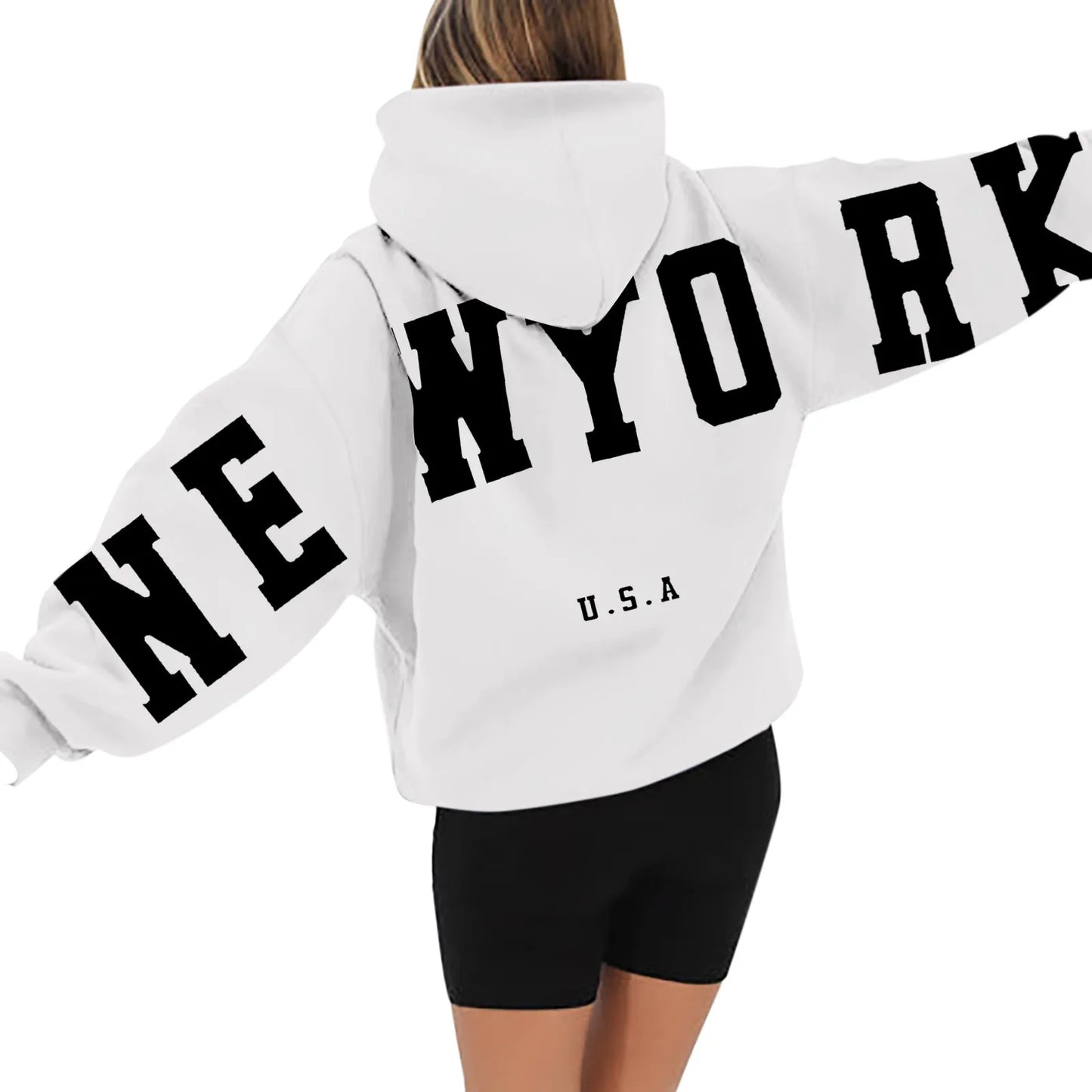 Kapuzenpullover mit langen Ärmeln und Reißverschluss auf der Rückseite für Damen, mit New York USA-Aufdruck, Kapuzenpulloverkleid, lange Kapuzenpullover für Damen, Sweatshirts, Übergröße