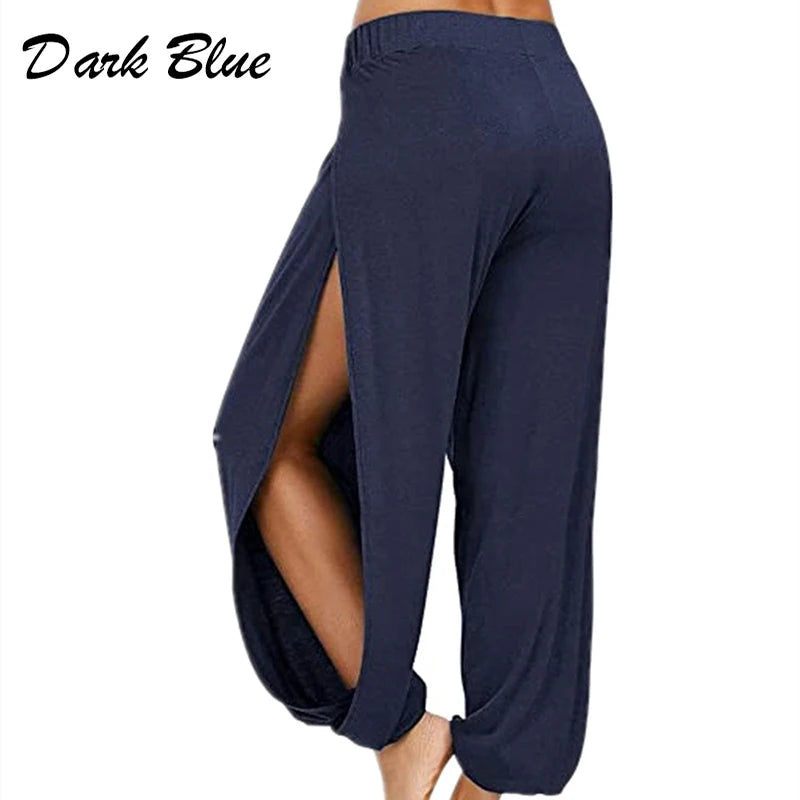 Damenbekleidung Yoga Hohe elastische Taille Schlitz Weites Bein Harenhose Gym Leggings Lässige feste lockere Hose Home Sommertrend