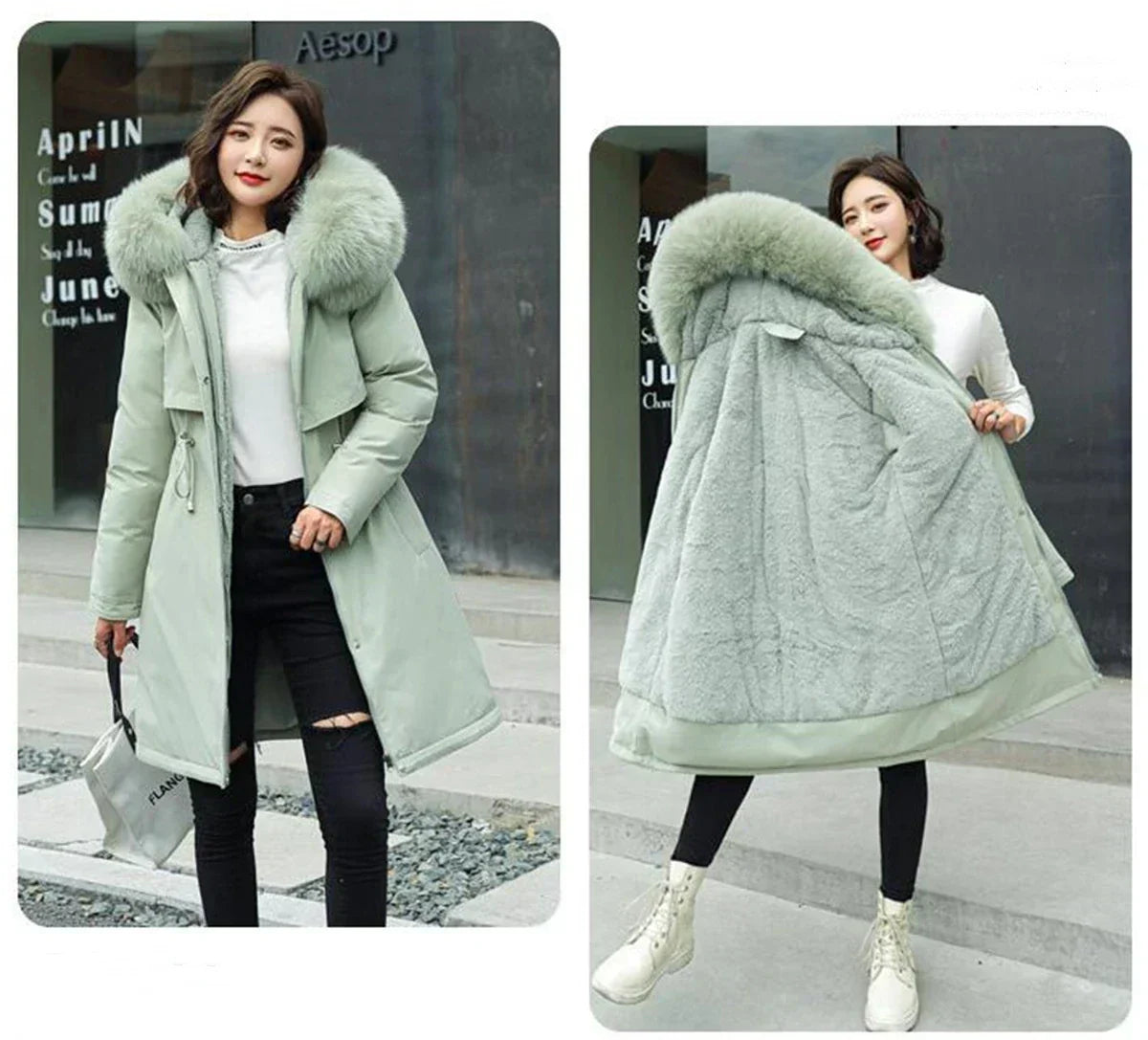 Winter Parka Jacket For Women 2024 New Long Sleeve Clothes Fashion Hooded Fur Collar Coat Thick Warm Casual Medium Length Coats