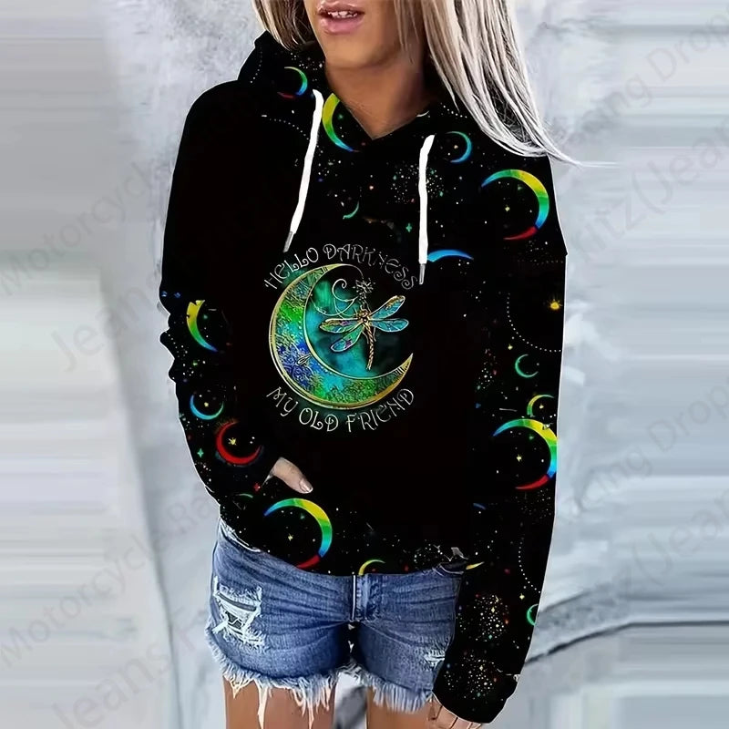 Moon Sun 3d Print Drawstring Hoodie Women Fashion Oversized Hoodies Wo