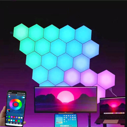 Touch sensor LED hexagonal lights displayed in various colors, controlled via smartphone, enhancing room ambiance.