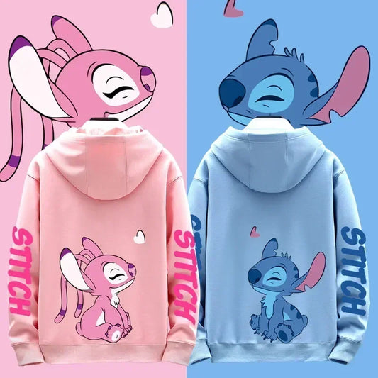 Disney Stitch casual hooded sweatshirts for couples in pink and blue.