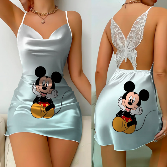 Mini dress with Mickey Mouse print, satin finish, spaghetti straps, and lace back detail.