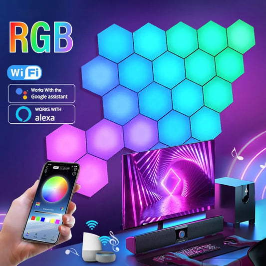 RGB Intelligent Hexagonal Wall Lamp with color-changing ambient light, DIY shape, and app control for game room or bedroom.