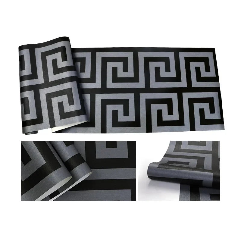 10M 3D Geometric Wall Papers Black Luxury Satin Greek Key Wallpaper Home Decor Peel and Stick Wallpaper for Living Room Bedroom