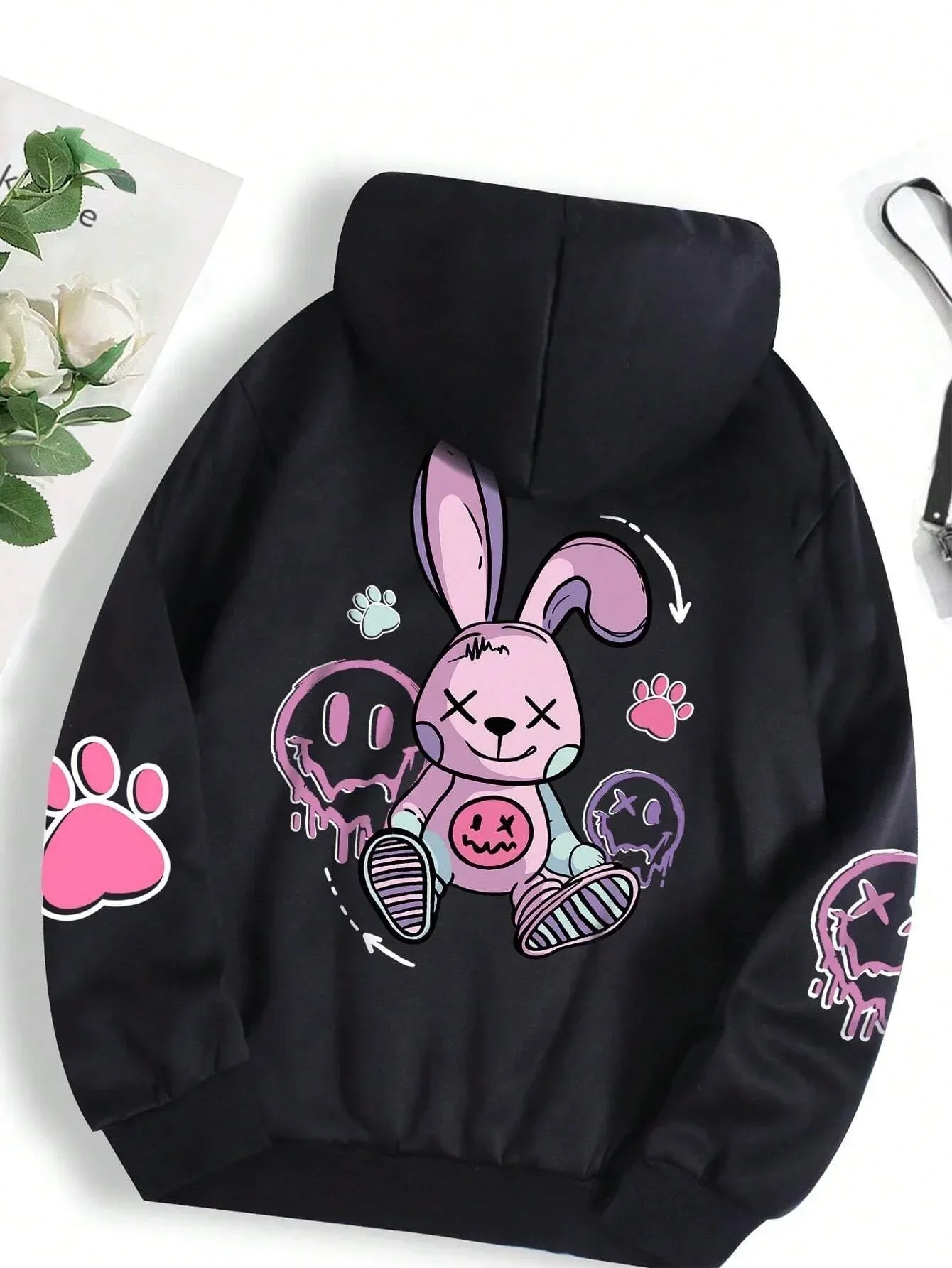 Casual Women Hoodies Good Cartoons Pink Rabbit Cute Printing Pullovers 