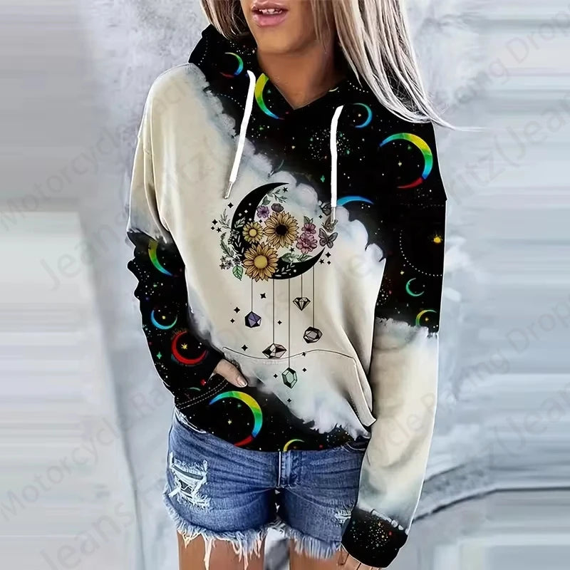 Moon Sun 3d Print Drawstring Hoodie Women Fashion Oversized Hoodies Wo