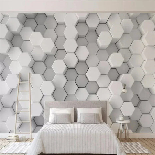 3D white hexagons mosaic photo wallpaper in modern bedroom setting.