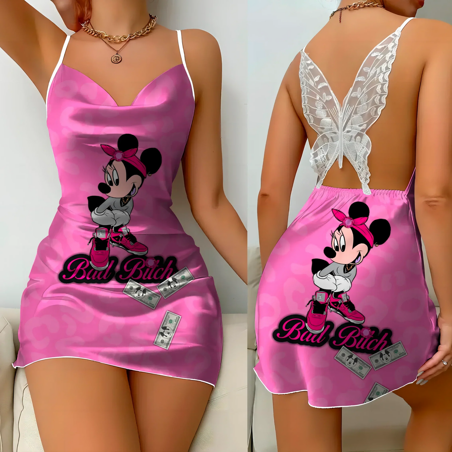 Minikleid Pyjamarock Schleife Knoten Partykleider Satinoberfläche Minnie Mouse Disney Mickey Damenmode Sommer 2024 Elegante Damen