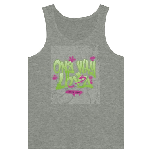 Premium Unisex Tank Top with "One Way Love" design on gray fabric.