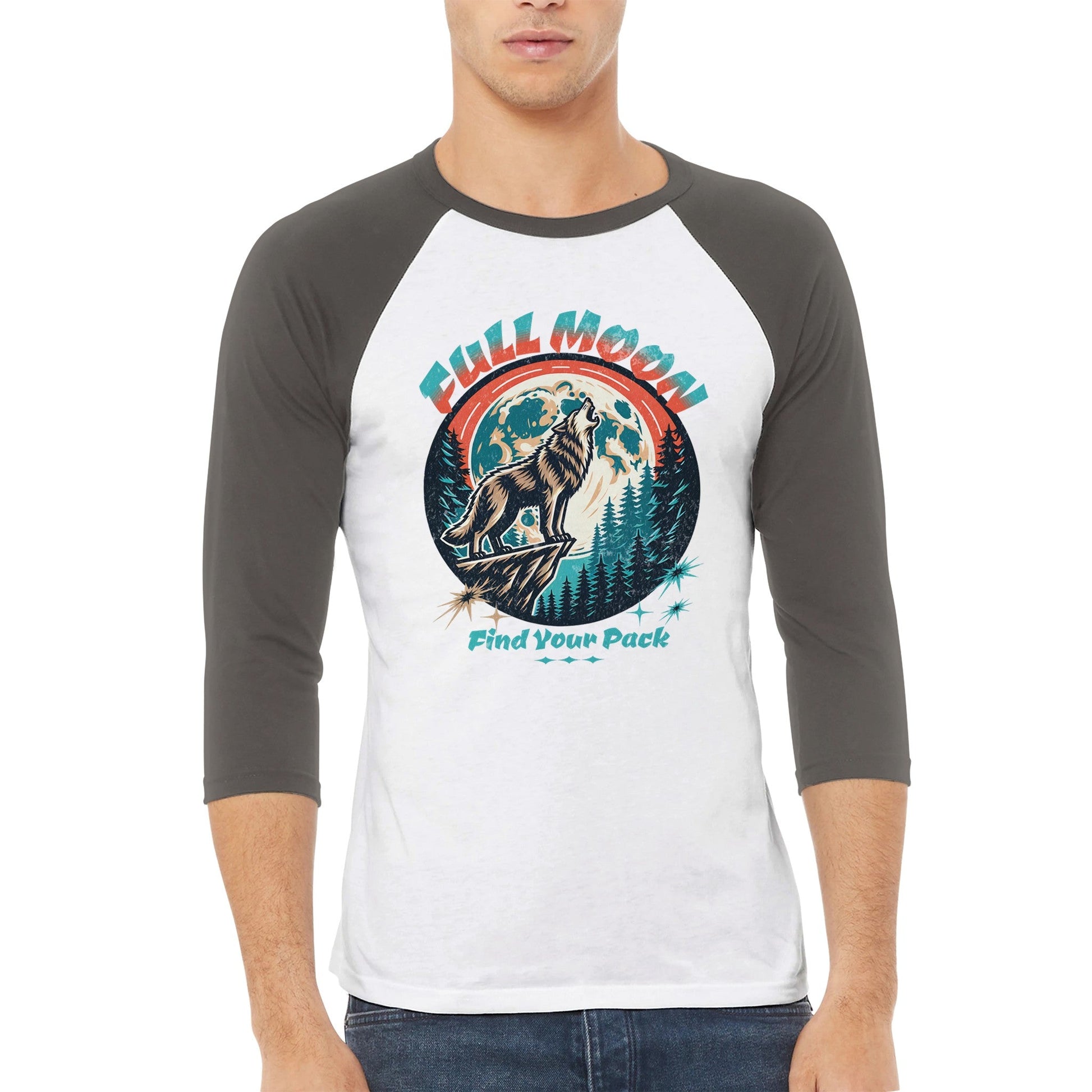 Unisex 3/4 sleeve Raglan T-shirt with full moon design, contrasting sleeves.